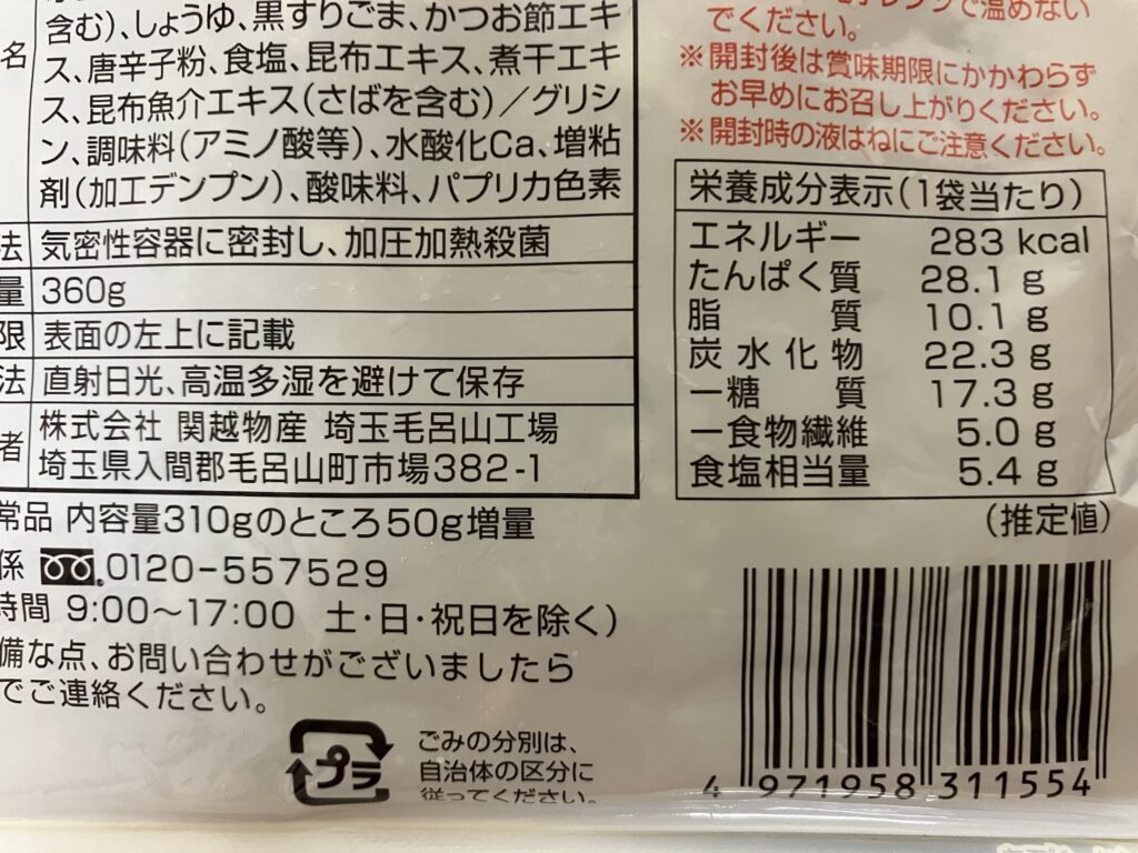 国産豚もつ煮栄養成分表示